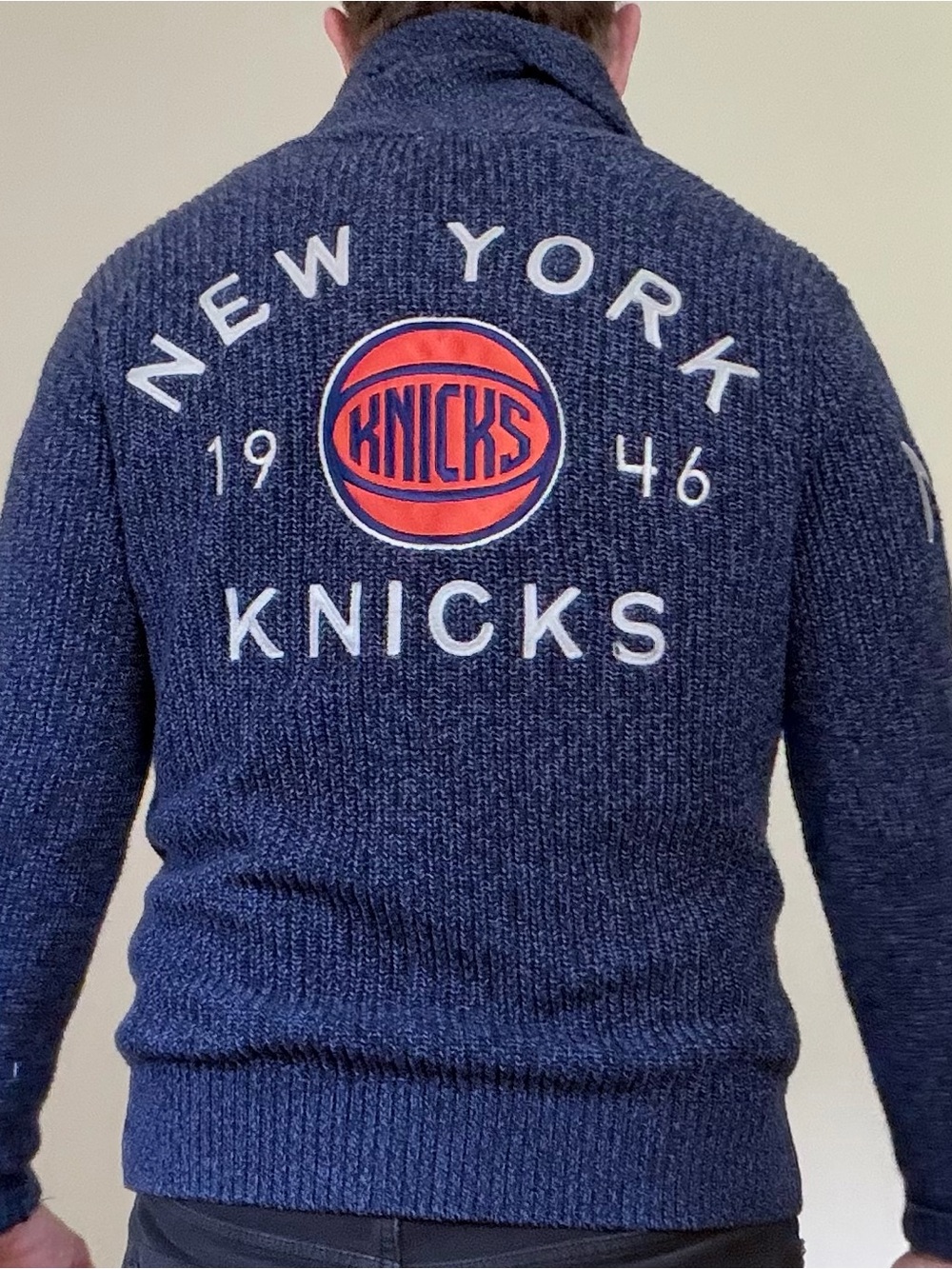 Faherty Navy Blue New York Knicks Zip-Up Sweater with Orange Logo